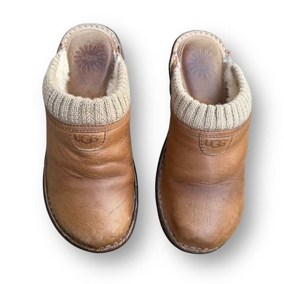 UGG Women's Gael Wedge Slip-on Winter Clogs Brown Leather Shearling Size 7 - Picture 9 of 13